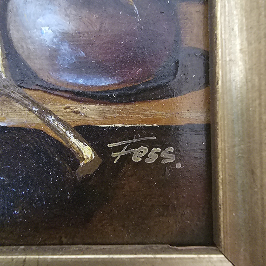 Stillleben Obst, Öl auf Holz, von Fess
